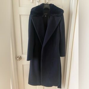 Club Monaco Baylee Removable Fur Collar Wool Blend Wrap Coat Size M Navy color